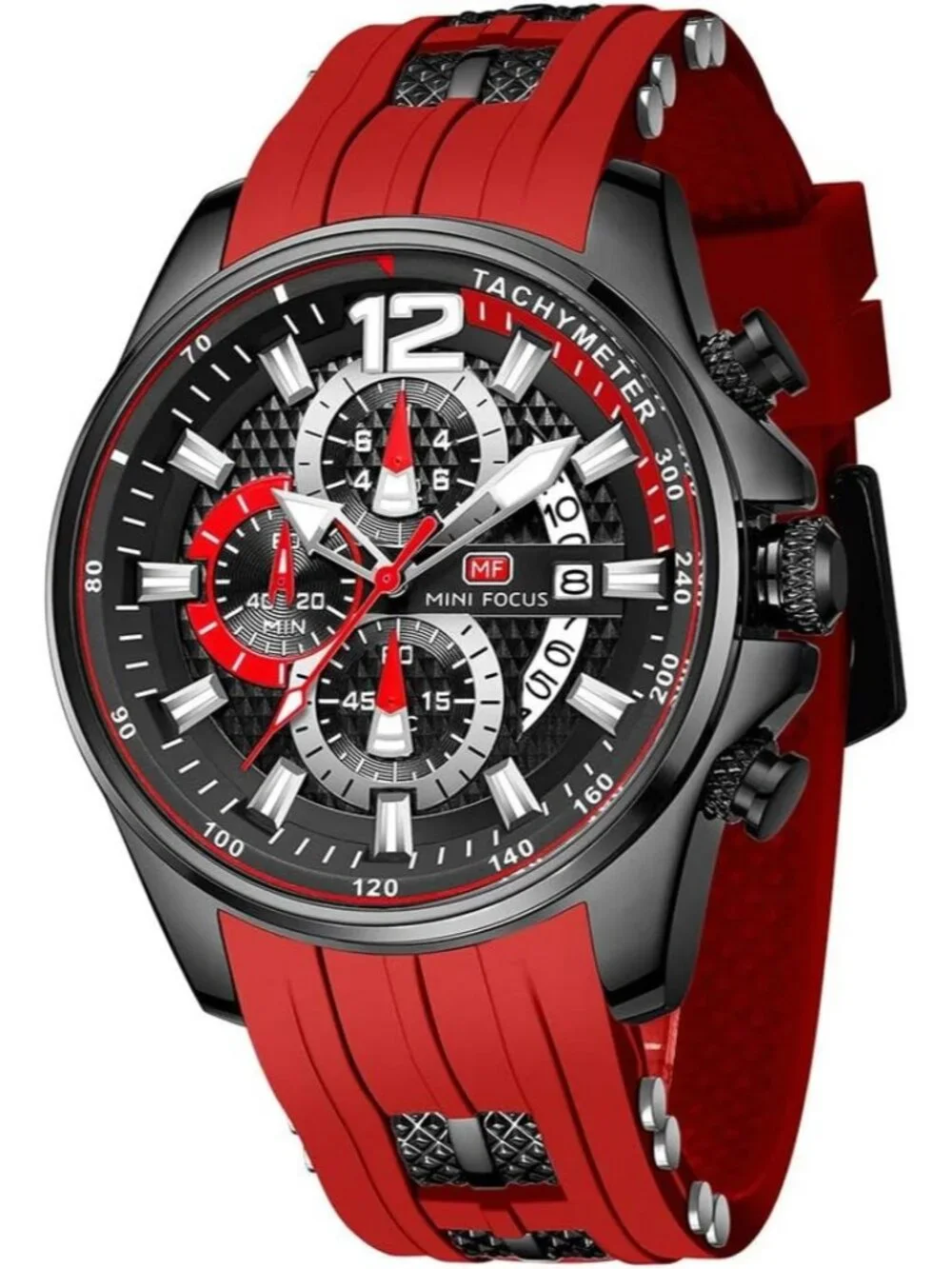 Men's Red Black Chronograph Waterproof Sport Military Analog Quartz Wrist Watch